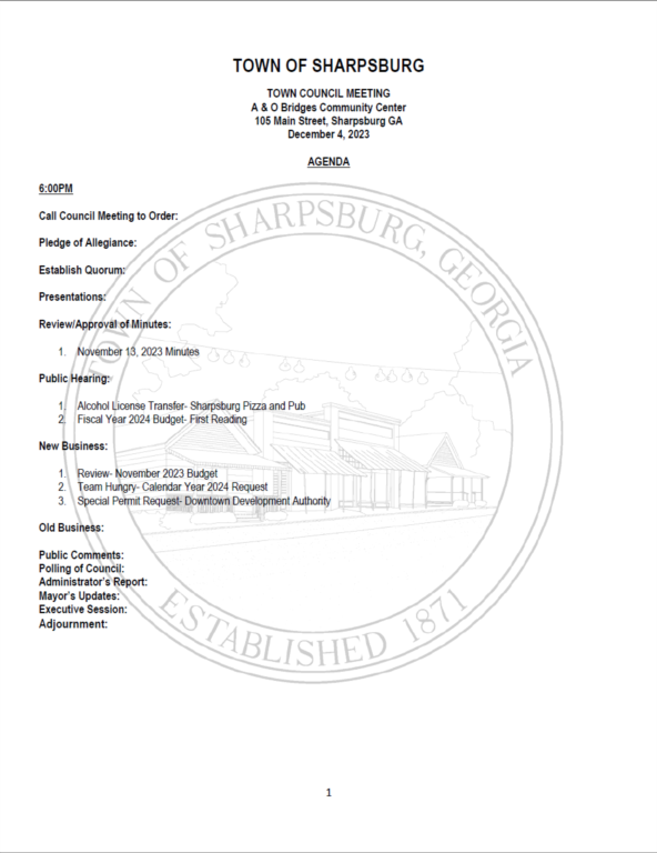 Town of Sharpsburg Town Council Meeting December 4th