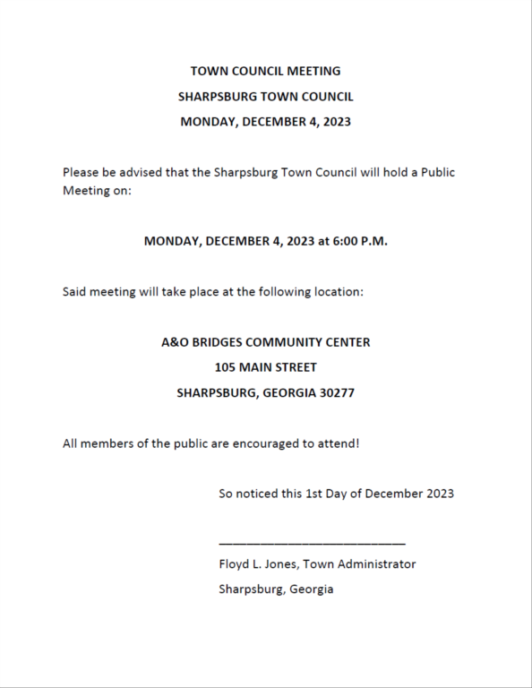 Town of Sharpsburg Public Notice December 4th